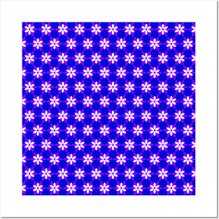 White flowers on blue background pattern, version 4 Posters and Art